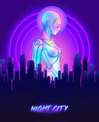 Portrait of robot android woman in retro futurism style. Vector illustration . of a cyborg in glowing neon bright colors. futuristic synth wave flyer template. Cyber technology.