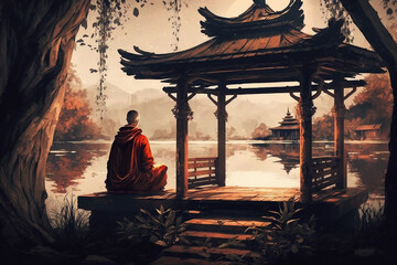 Fototapeta premium Meditation Monk in a waterfront pavilion.