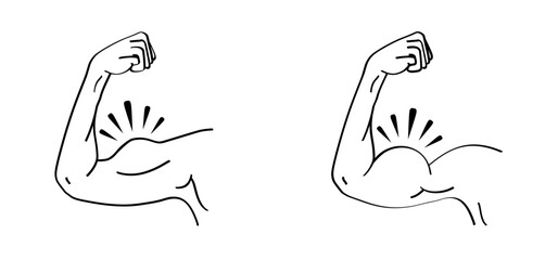 Inflated biceps. Cartoon human elbow symbol. Outline drawing. Editable stroke.  Body part outline icon. Line pattern. Strong muscle lines icon. Strong muscular arms. Bodybuilder pose. Powerlifting