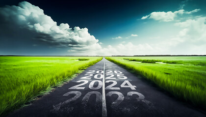 New year 2024 or straight forward road trip travel and future vision concept, Generative AI
