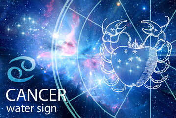 astrology zodiac sign Cancer with the symbol, picture,  horoscope, stars and nebula in blue color like astrological concept