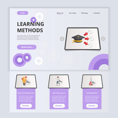 Learning methods flat landing page website template. Idea integration, motor skills, experiment. Web banner with header, content and footer. Vector illustration.