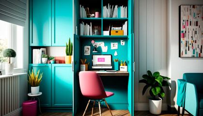 A home office with a computer on a table built into a piece of furniture, decorated with vibrant green color, generative ai