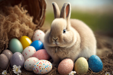Fototapeta na wymiar Cute Easter Bunny With Many Easter Eggs, Easter Day, Generative Ai