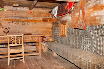 The interior of an old rural hut in the traditional Ukrainian style.10.09.2021. Kyiv. Ukraine