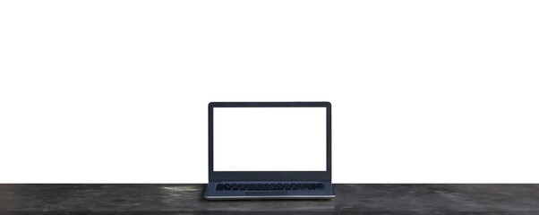 Laptop computer on desk white background, Laptop with white blank on screen and blurred background , working space concept.