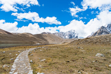 Kalapatthar and Zero point in Sikkim, India. Snow capped Himalayan peaks with river  