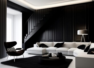 black and white modern living room illustration. Generative AI.