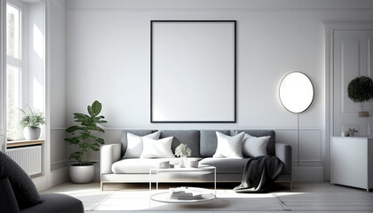 Frame mockup in a modern living room. Wall art framed canvas poster mockup. Interior design for living room. Generative AI