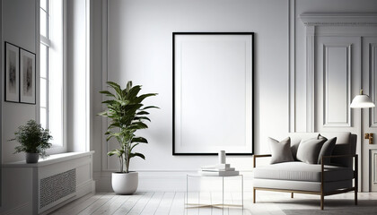 Frame mockup in a modern living room. Wall art framed canvas poster mockup. Interior design for living room. Generative AI
