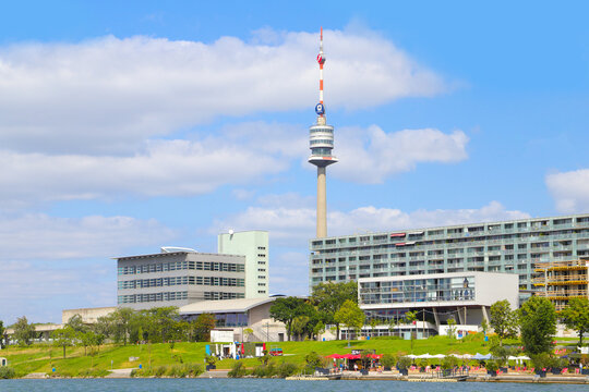 View at the skyline of Donau City, a new part from Vienna, the city beach and the tv tower, Vienna August 25 2021