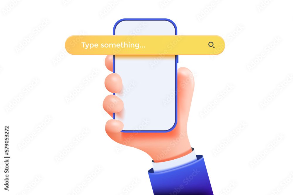 Poster hand holding phone with search bar. searching on internet with smartphone concept. 3d vector illustr
