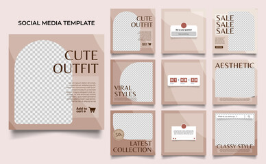 Naklejka premium social media template banner fashion sale promotion in brown yellow color. fully editable instagram and facebook square post frame puzzle organic sale poster