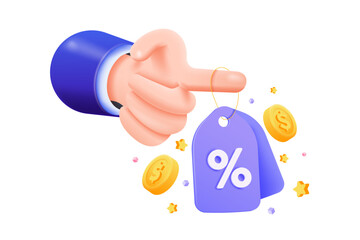 3D hand holding tag on finger, online shopping price, discount coupon of cash for future use. Promo offer for shopping online, Special offer promotion price tags. 3d Vector Illustration