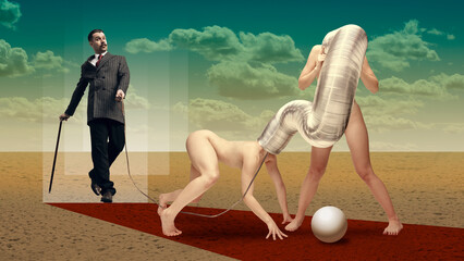 Surreal design in futuristic style. Contemporary art collage. Stylish man in suit with cane walking...