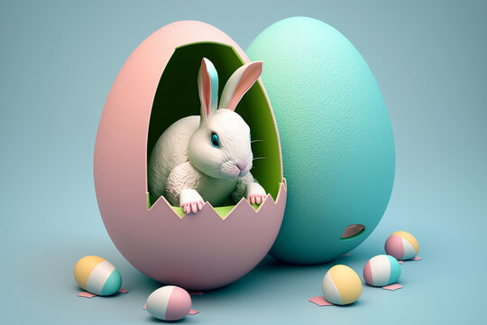 3D Easter Bunny Houding Egg, Pastel Colors, Easter Day, Generative Ai