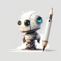The cute AI robot and a pen portrait on white background Generative AI