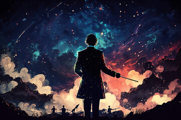 the conductor holding the baton standing against the night sky.