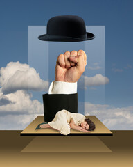 Creative contemporary art collage. Young woman lying over sky textured background with male fist...