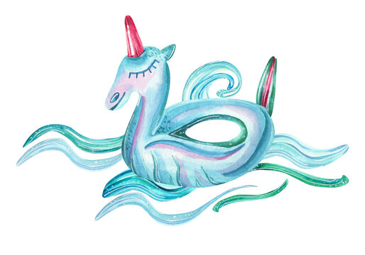 Watercolor illustration. Hand drawn float pool unicorn and stylized sea waves on a white background.