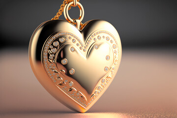 a bright pendant with a diamond in the form of a golden sparkling heart on a calm light background, Generative AI