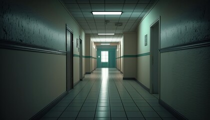 Long empty hospital hallway background. Generative AI technology.