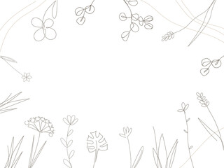 Floral frame with vector doodle hand drawn plants in continuous line style. Abstract contour background.