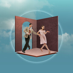 Contemporary art collage. Creative design. Man, woman, young couple in retro stylish clothes dancing over sky clouds texture background. Concept of surrealism, futurism, creative vision