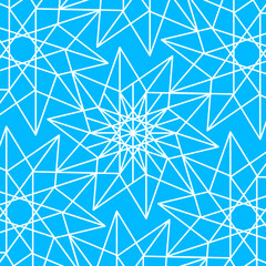 Modern Islamic star shaped geometric shapes repeat pattern design on blue background 