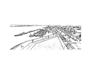 Building view with landmark of Praia is the 
capital of Cape Verde. Hand drawn sketch  illustration in vector.