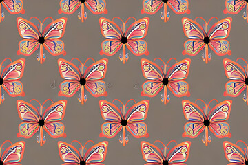 Regular patterns template with butterflies for backgrounds or wallpapers, graphic style objects in coral red and pink to orange hue tones on muted, grey background. Ai-generated illustration.