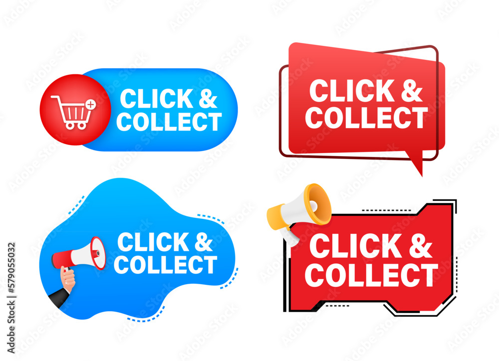 Poster megaphone label set with text click and collect. megaphone in hand promotion banner. marketing and a