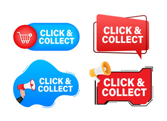 Megaphone label set with text Click and collect. Megaphone in hand promotion banner. Marketing and advertising