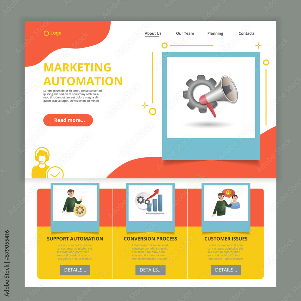 Poster marketing automation flat landing page website template. support automation, conversion process, cus
