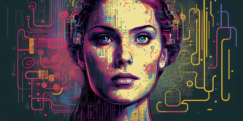 Artificial intelligence, a humanoid cyber girl with a neural network thinks. Artificial intelligence with a digital brain is learning to process big data. Generative AI