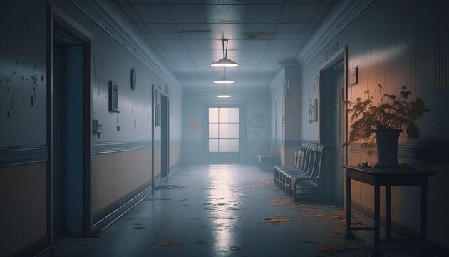 Misty abandoned empty hospital hallway background. Generative AI technology.