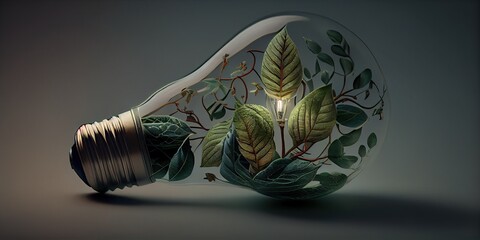 Light bulb with a plant inside. The concept of ecological energy consumption, caring for the environment. ESG. Environmental protection, renewable, sustainable energy sources. Generative AI