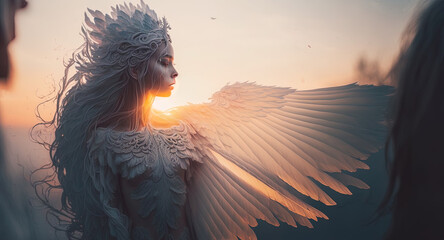 Angelic being flexing her left wing.  Generative Ai.