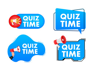 Megaphone label set with text Quiz time. Megaphone in hand promotion banner. Marketing and advertising