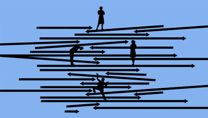 Business people are seen climbing up a series of arrows which represent the corporate ladder to success. Vector image. © Rob Goebel