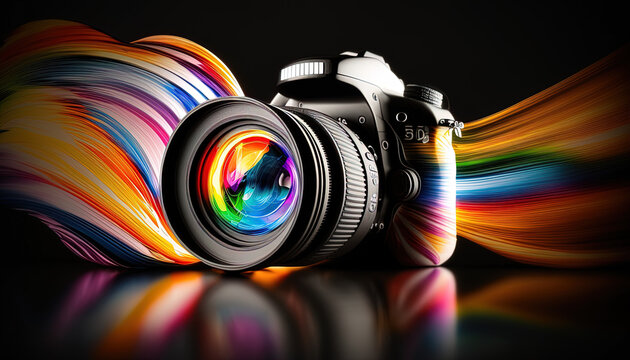 Generic DSLR camera with colourful light energy swirling around it.  Generative Ai.