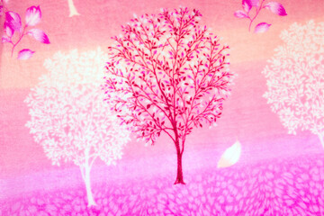 Abstract tree on a pink background. Watercolor painting on canvas.