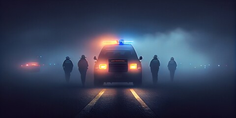 A group of policemen on a night investigation. Police car with red, blue lights in the fog. You are under arrest. Cinematic illustration of a night detention. Crime, murder, theft. Generative AI