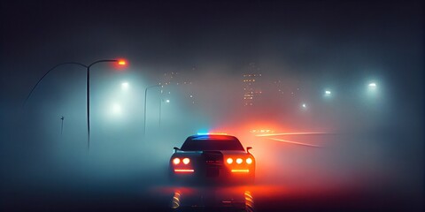 Obraz na płótnie Canvas Police cars at night. Police car with red and blue lights in the fog. During the night the police raided and you are under arrest. Cinematic illustration of a night detention. Generative AI