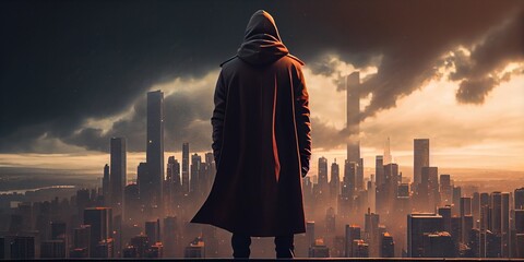 A man in a hood stands on the roof of a tall building against the backdrop of a gloomy, epic city. View of a man from the back, panoramic view of the city from the roof of a skyscraper. Generative AI - obrazy, fototapety, plakaty