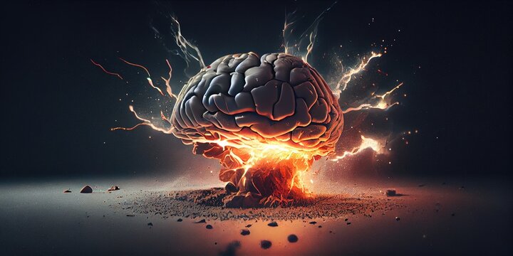 Illustration of sensory overload, burnout or overexertion in everyday life. Conceptual of brainstorm. Brain exploding with knowledge and creativity. Generative AI