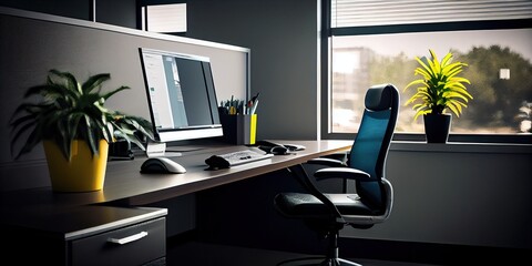 Modern room interior with comfortable workplace. Clean cozy workplace with a computer chair and a monitor. Work from home, freelance. Distant workday concept. Generative AI