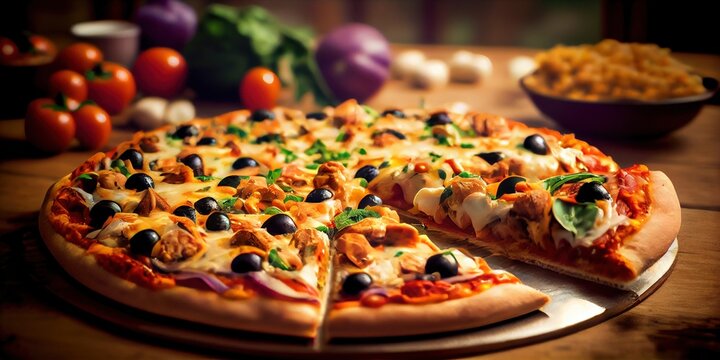 Appetizing pizza on the table. Close-up food photography of Pizza, Italian food. Food background. Concept for pizzerias, cafes and restaurants. Delicious fresh baked pizza. Generative AI