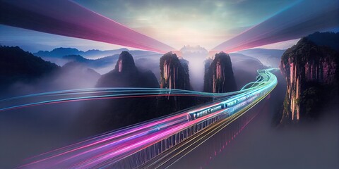 Dynamic long-exposure illustration. High-speed train in the mountains, long exposure, light rays. Generative AI