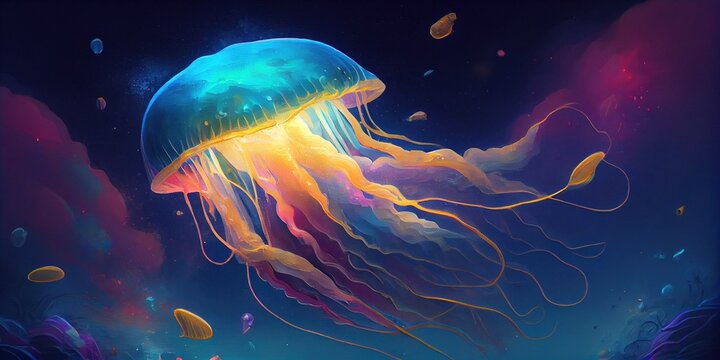 Magical sea with a glowing beautiful jellyfish. Glowing jellyfish fabulous underwater world. Generative AI